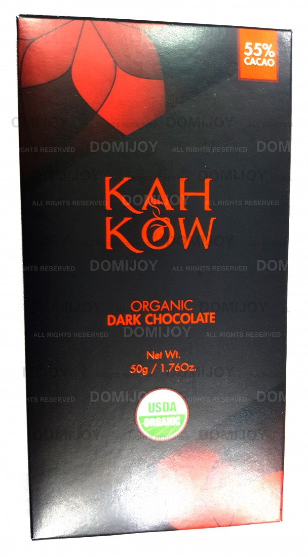 Kah Kow Organic 55% dark chocolate bar made from premium Dominican cocoa beans.